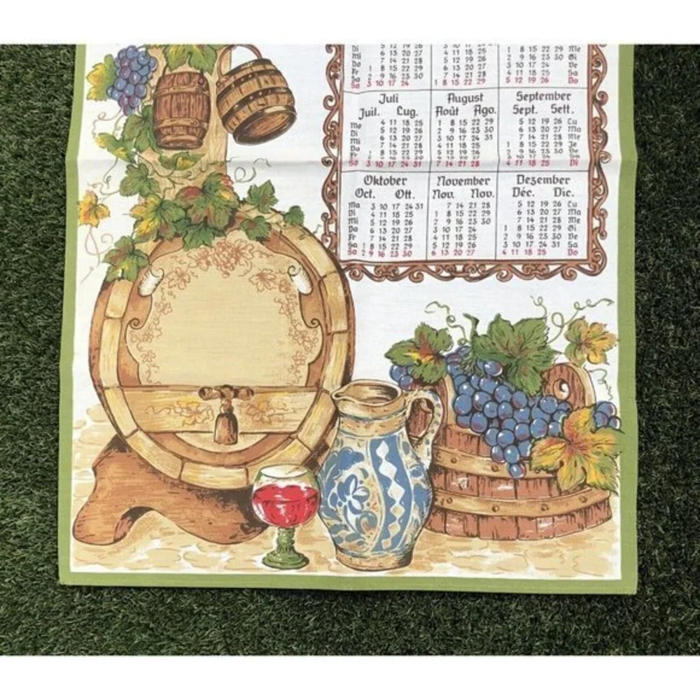 Vintage 1998 Grape Vine Wine Barrel Linen Wall Calendar Cloth Tea towel Y2K